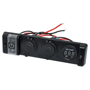 A flush panel mount facia with usb, car accessory and voltmeter with on/off switch