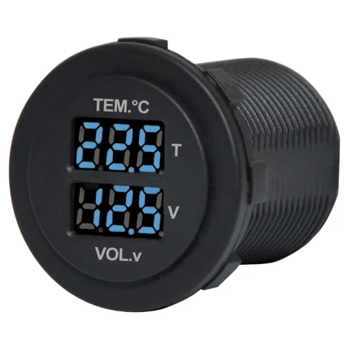 Includes temperature sensor with 2m cable. Measures 6-30V DC. 29mm mounting hole. 19mm thread length. -10°C to 100°C.
