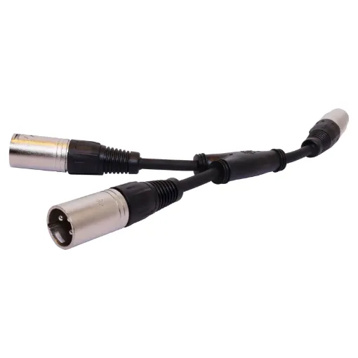 3 pin XLR female to dual 3 pin XLR male plugs. Ideal for feeding one signal into two amplifiers.