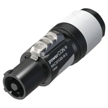 Extra heavy duty Neutrik Powercon connector as used in commercial lighting and audio applications. Power Out version. NAC3FXXB-W-S 20A 240V. SAA approved.