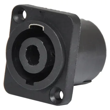 Heavy duty 4 pin connectors as used on professional amplifiers and speaker boxes. Handles up to 30A current. Compact rectangular type for use on amplifier rear panels.