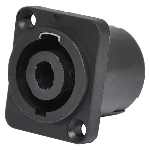 Heavy duty 4 pin connectors as used on professional amplifiers and speaker boxes. Handles up to 30A current. Compact rectangular type for use on amplifier rear panels.