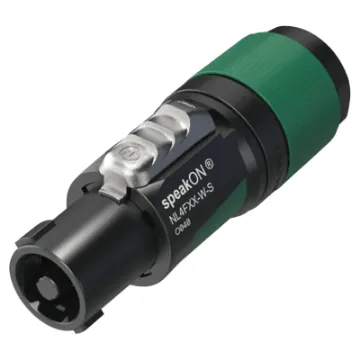 The Neutrik NL4FXX-W-S 4-pole speakON cable connector has a screw terminal assembly and chuck type strain relief for cable diameters 6 to 12 mm.