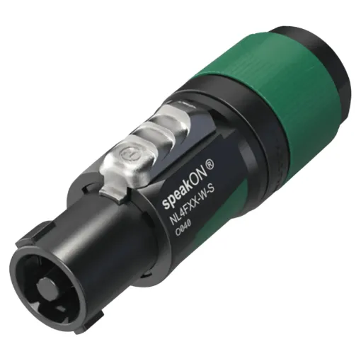 The Neutrik NL4FXX-W-S 4-pole speakON cable connector has a screw terminal assembly and chuck type strain relief for cable diameters 6 to 12 mm.