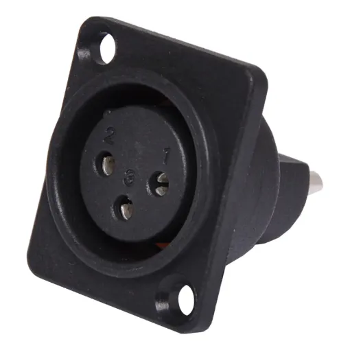 This 3 Pin IP54 Female Chassis Mount XLR Connector features a dust cover to keep dust and dirt from getting in. It is fitted with the standard XLR locking mechanism, ensuring a reliable contact. The construction is sturdy and features high quality contact inserts.