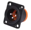 This 3 Pin IP54 Male Chassis Mount XLR Connector features a dust cover to keep dust and dirt from getting in. They are fitted with the standard XLR locking mechanisms, ensuring a reliable contact. The colour of the connector is mostly black with a touch of orange. The construction is sturdy and features high quality contact inserts.