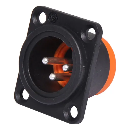 This 3 Pin IP54 Male Chassis Mount XLR Connector features a dust cover to keep dust and dirt from getting in. They are fitted with the standard XLR locking mechanisms, ensuring a reliable contact. The colour of the connector is mostly black with a touch of orange. The construction is sturdy and features high quality contact inserts.
