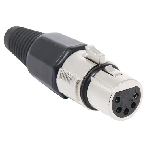 These XLR style connectors feature sturdy metal construction, high quality contact inserts and strain relief grommets on the line connectors. The plugs have an internal sleeve which tightens around the cable as the plug is screwed together, securing the c