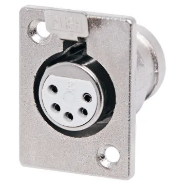 A 5 pin female panel mount XLR connector with locking tab.