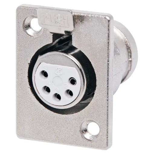 A 5 pin female panel mount XLR connector with locking tab.