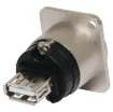Type A to type B back to back USB connections. 

USB internal mechanism is reversible. This allows either type A or type B socket connection on the front or rear of the connector as desired. 

Conforms to standard D series mounting dimensions.