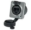 A back to back RJ45 socket for easy termination. Socket locks preventing accidental disconnection. Push tab release.