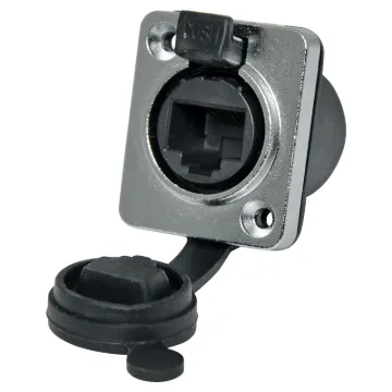 A back to back RJ45 socket for easy termination. Socket locks preventing accidental disconnection. Push tab release.
