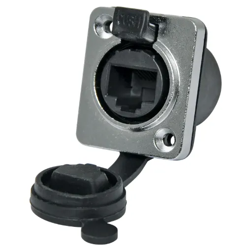 A back to back RJ45 socket for easy termination. Socket locks preventing accidental disconnection. Push tab release.