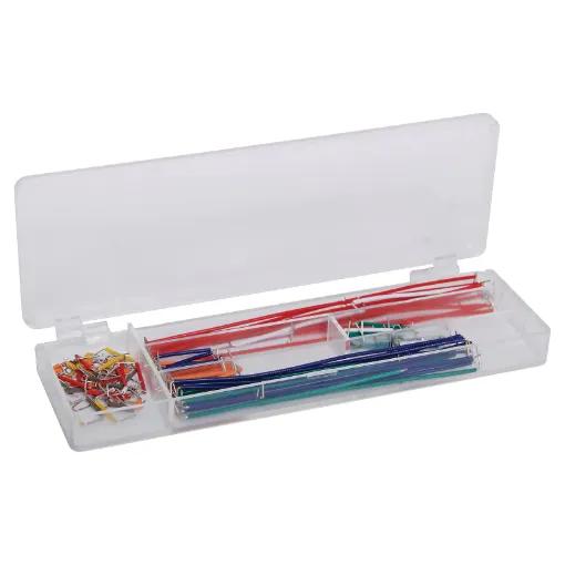 Multi-colour reusable leads for prototyping and working with breadboards. Assorted lengths in a handy plastic case with separate compartments. Perfect size for students.