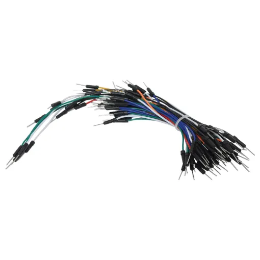 Multi-colour reusable leads for prototyping and working with development shields. Pin to pin (male to male) type. 65 pieces.