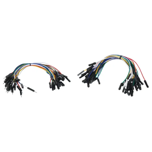 Multi-colour reusable leads for prototyping and working with development shields. Includes pin to pin (male to male) and pin to socket (male to female) types. 60 pieces.