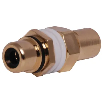 Double sided chassis mount RCA. Designed for use with wallplates allowing standard RCA connection from both sides. This allows installers to use pre-made leads instead of having to solder cable. Panel thickness 1-2.5mm. Rear depth from mounting surface: 2