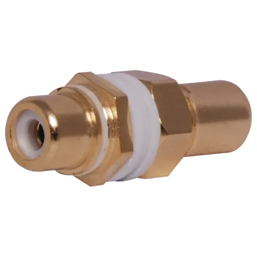 Double sided chassis mount RCA. Designed for use with wall plates allowing standard RCA connection from both sides. This allows installers to use pre-made leads instead of having to solder cable.
Panel thickness 1-2.5mm.
Rear depth from mounting surface: 20mm.