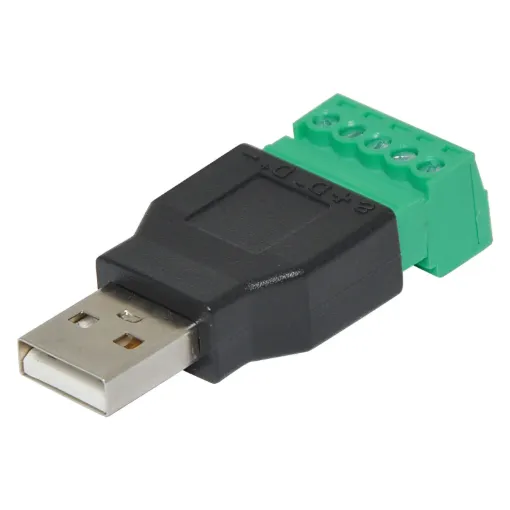 This is the USB-A Male Plug to 5-pin Terminal Block. If you need to connect to a device with a USB Jack, maybe make your own USB stick or custom cable of sorts - this adapter will come in very handy! No soldering required. Just use a small screwdriver to open up the terminal blocks, slide in your stranded or solid-core wire, and re-tighten.