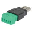 This is the USB-A Male Plug to 5-pin Terminal Block. If you need to connect to a device with a USB Jack, maybe make your own USB stick or custom cable of sorts - this adapter will come in very handy! No soldering required. Just use a small screwdriver to open up the terminal blocks, slide in your stranded or solid-core wire, and re-tighten.