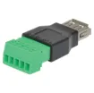 This is the USB-A Female Socket to 5-pin Terminal Block. If you need to connect to a device with a USB Jack, maybe make your own USB host connector, extension cable, or custom cable of sorts - this adapter will come in very handy! No soldering required. Just use a small screwdriver to open up the terminal blocks, slide in your stranded or solid-cor