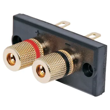 Panel mount. Gold plated screw cap posts will accept banana plugs or stripped wire. Fitted with foam sealing tape.