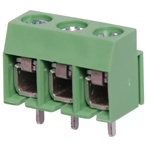5mm Pitch. Dove-tail grooves enable these terminal blocks to be ganged together in any combination. With spring steel screw down wire protect terminals. All 300V AC rated.