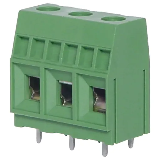 Super heavy duty PCB terminals for high power industrial applications.
Dove-tail grooves enable these 2 and 3 way terminal blocks to be ganged together. 
With moving cage wire protect terminals. Rated at 40A at 600V AC.

10.16mm pitch. 
Cable size: 1