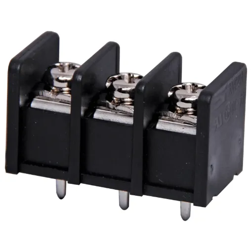Pin Spacing: 8.25mm
Current Rating: 15A at 300V
Solder Pins: Tin Plated Brass
Screw: Nickel Plated Steel
Housing: Polyamide UL94V-O, Black
Suits 3mm fork type crimps P 2103, P 2104, P 2105, P 2106, P 2107, P 2108.