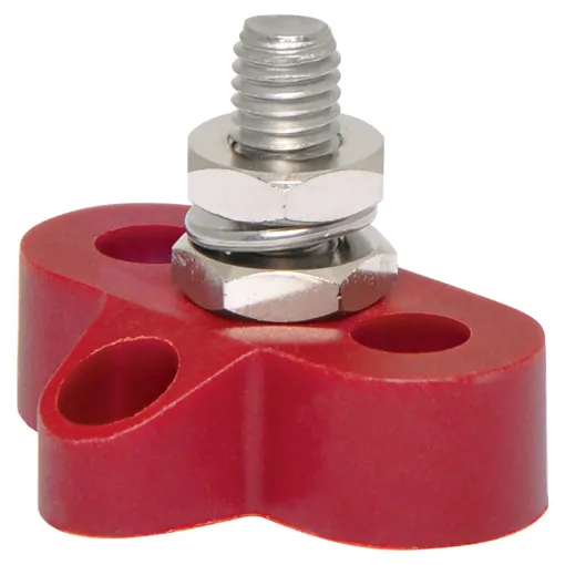 This Single Red M8 Power Distribution Post is a heavy duty stainless steel post that is mounted on a moulded plastic base. 48V DC max.