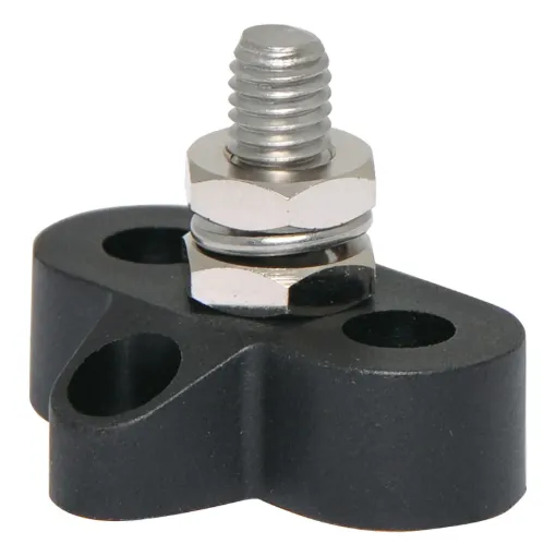 This Single Black M8 Power Distribution Post is a heavy duty stainless steel post that is mounted on a moulded plastic base. 48V DC max.