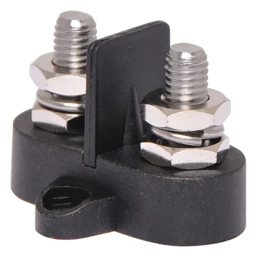 This Dual Black M8 Power Distribution Post is a heavy duty stainless steel post that is mounted on a moulded plastic base. 48V DC max.
