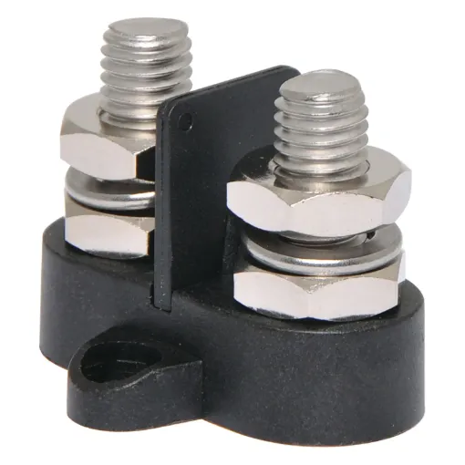 This Dual Black M10 Power Distribution Post is a heavy duty stainless steel post that is mounted on a moulded plastic base. 48V DC max.