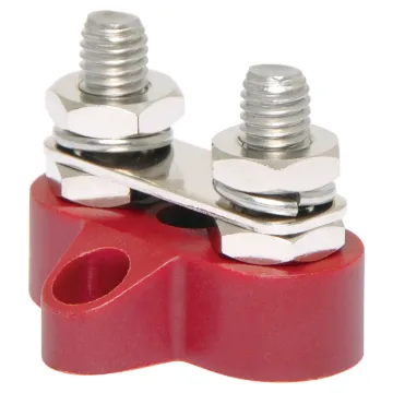 This Dual Red M8 Power Distribution Post with Bridge Plate is a heavy duty stainless steel post that is mounted on a moulded plastic base. 48V DC max.