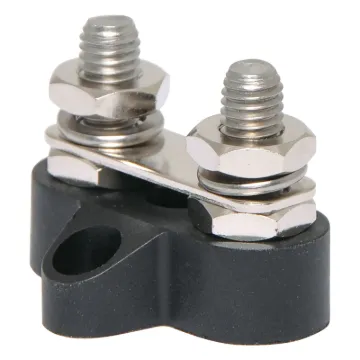 This Dual Black M8 Power Distribution Post with Bridge Plate is a heavy duty stainless steel post that is mounted on a moulded plastic base. 48V DC max.
