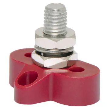 This Single Red M10 Power Distribution Post is a heavy duty stainless steel post that is mounted on a moulded plastic base. 48V DC max.
