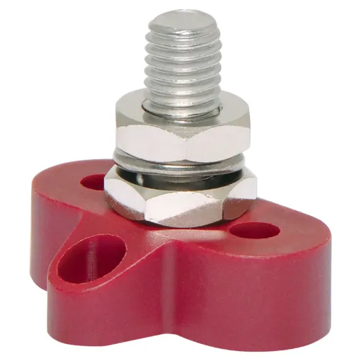 This Single Red M10 Power Distribution Post is a heavy duty stainless steel post that is mounted on a moulded plastic base. 48V DC max.