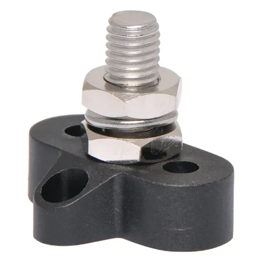 This Single Black M10 Power Distribution Post is a heavy duty stainless steel post that is mounted on a moulded plastic base. 48V DC max.