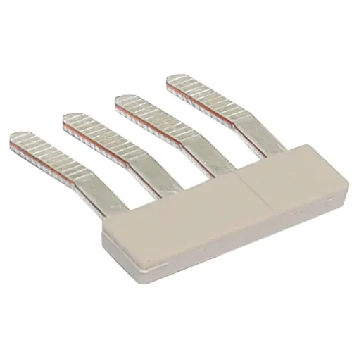 This 4 way insertion bridge allows for the joining of two ganged DIN rail terminals. It inserts below the DIN rail terminal screw cage and distributes the connection to the 3 terminals adjacent. Prongs are scored to prevent dislodgement from the terminal.