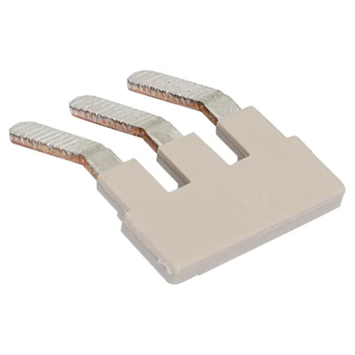 This 3 way insertion bridge allows for the joining of three ganged DIN rail terminals. It inserts below the DIN rail terminal screw cage and distributes the connection to the two terminals adjacent. Prongs are scored to prevent dislodgement from the terminal.