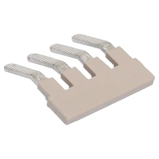 This 4 way insertion bridge allows for the joining of four ganged DIN rail terminals. It inserts below the DIN rail terminal screw cage and distributes the connection to the three terminals adjacent. Prongs are scored to prevent dislodgement from the terminal.