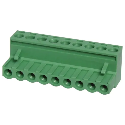Screw terminal plugs with rising clamp type terminals. Rated 10A at 300V. Cable hole entry size up to 4mm2 or 12AWG. 9 Way.