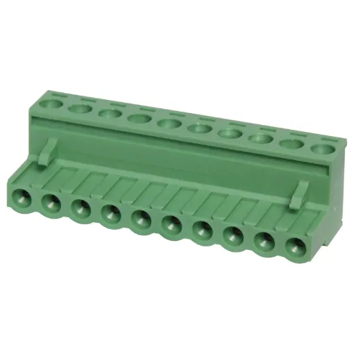 Screw terminal plugs with rising clamp type terminals.
10 Way.
Rated 10A at 300V.
Cable hole entry size up to 4mm2 or 12AWG.