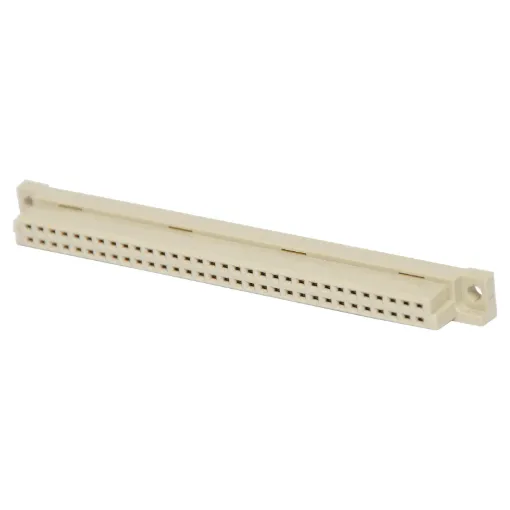 Moulded glass-filled polyester connectors to DIN 41612 with gold contacts. The plug moulding houses single piece 90 deg. Angled pins on a 0.1 inch pitch between rows, allowing horizontal mounting on Eurocards whilst the mating sockets have flow solde