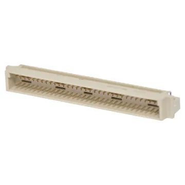 Moulded glass-filled polyester connectors to DIN 41612 with gold contacts. The plug moulding houses single piece 90 deg. Angled pins on a 0.1 inch pitch between rows, allowing horizontal mounting on Eurocards whilst the mating sockets have flow solde