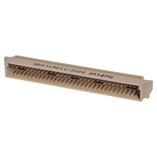 Moulded glass-filled polyester connectors to DIN 41612 with gold contacts. The plug moulding houses single piece 90 deg. Angled pins on a 0.1 inch pitch between rows, allowing horizontal mounting on Eurocards whilst the mating sockets have flow solde