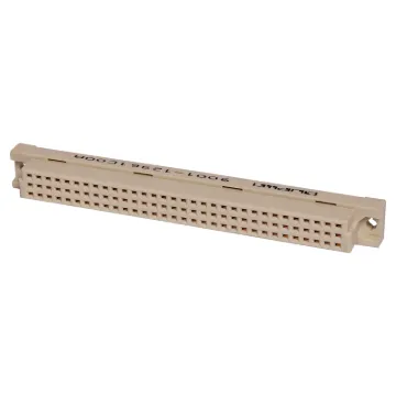 Moulded glass-filled polyester connectors to DIN 41612 with gold contacts. The plug moulding houses single piece 90 deg. Angled pins on a 0.1 inch pitch between rows, allowing horizontal mounting on Eurocards whilst the mating sockets have flow solde