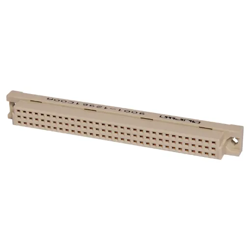 Moulded glass-filled polyester connectors to DIN 41612 with gold contacts. The plug moulding houses single piece 90 deg. Angled pins on a 0.1 inch pitch between rows, allowing horizontal mounting on Eurocards whilst the mating sockets have flow solde