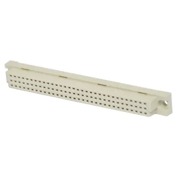 Moulded glass-filled polyester connectors to DIN 41612 with gold contacts. The plug moulding houses single piece 90 deg. Angled pins on a 0.1 inch pitch between rows, allowing horizontal mounting on Eurocards whilst the mating sockets have flow solde
